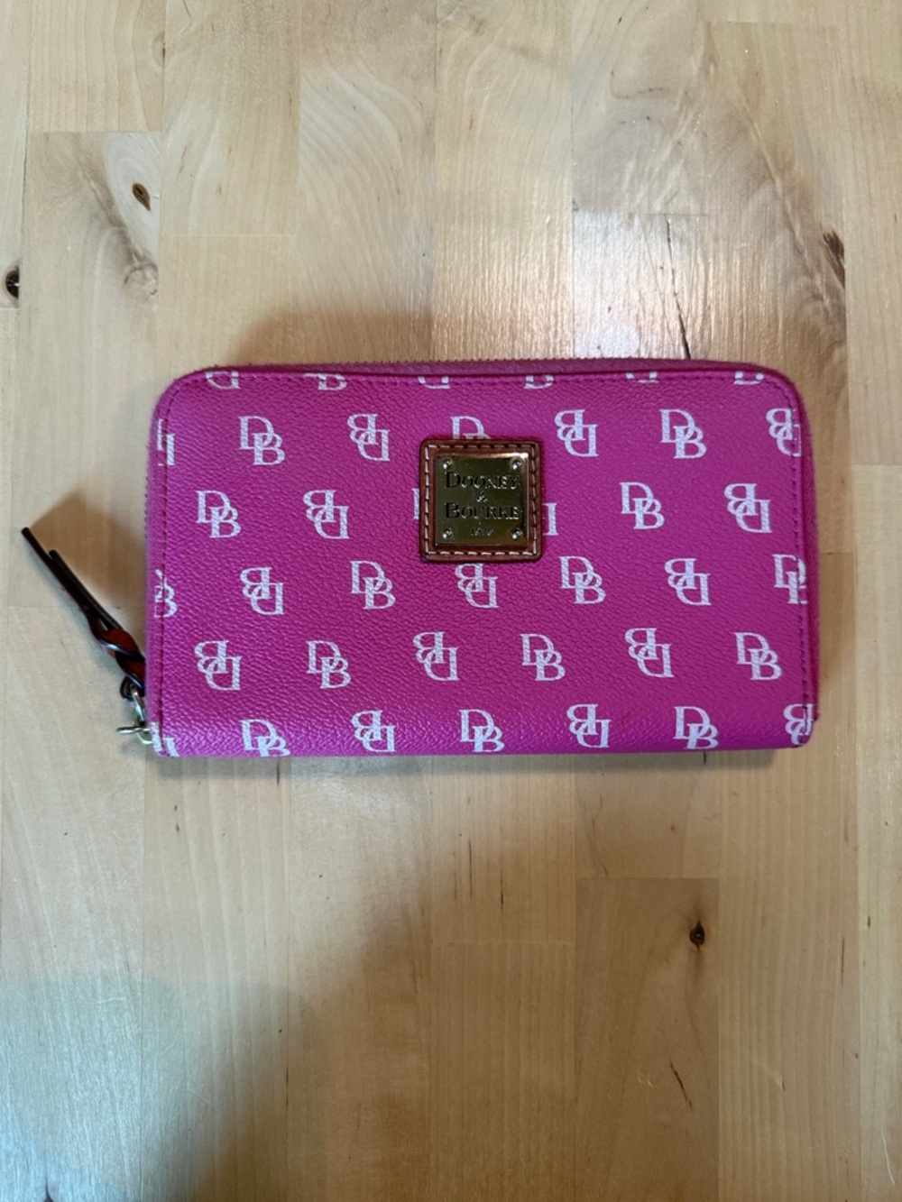 Dooney & Bourke Hot Pink DB Logo Zip Wallet with Gold Plaque